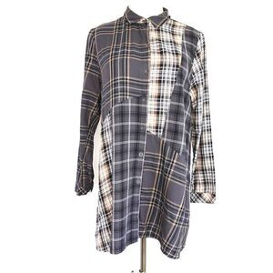 J.Jill Long Multi Plaid Button Down Blouse Tan Black White Size Medium Petite
